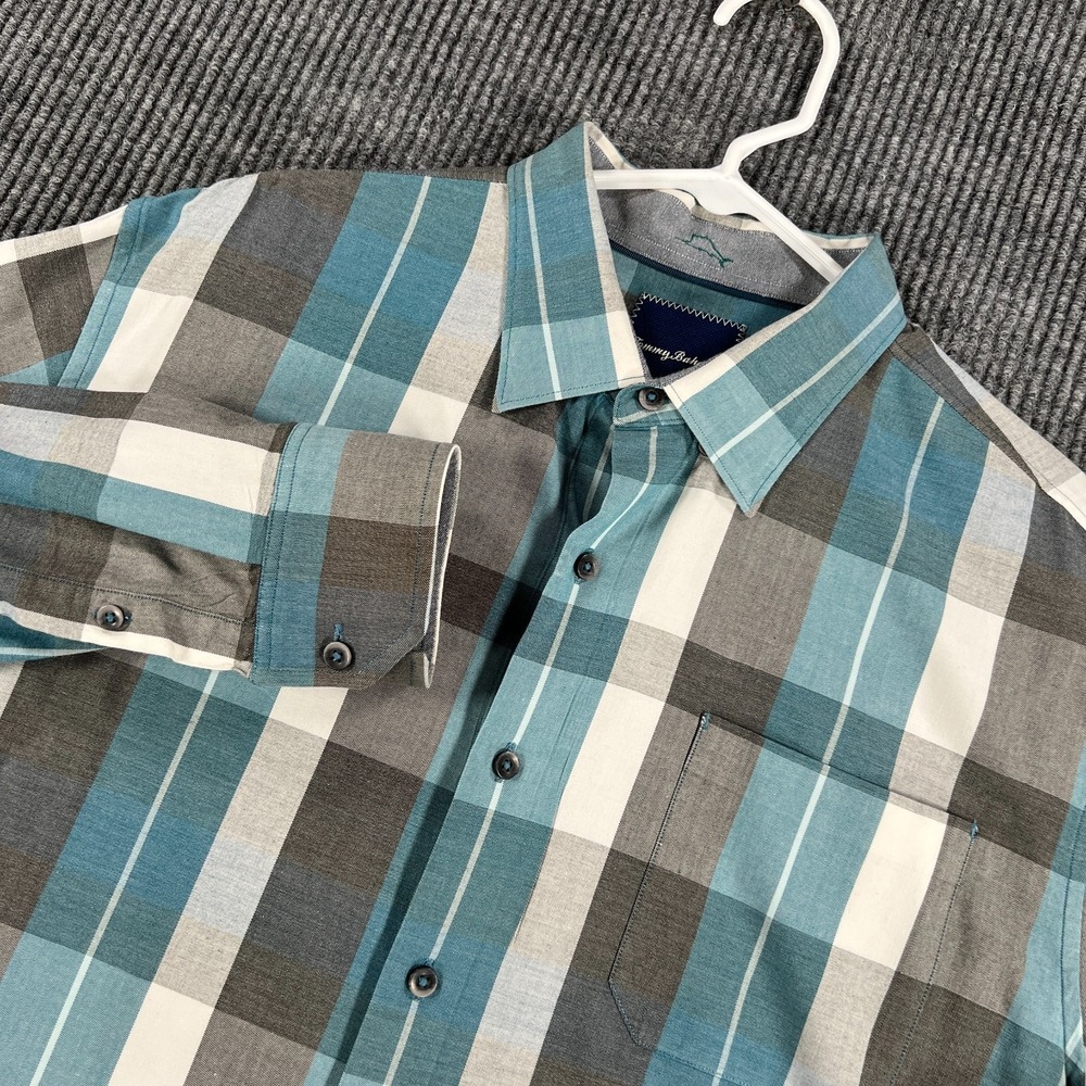 Tommy‎ Bahama Shirt Mens Large Teal Gray Plaid Long Sleeve Silk Blend Button Up
